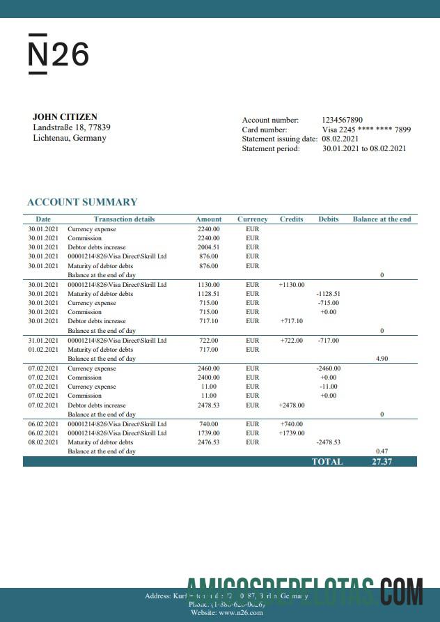 Exemplo de palavra do banco N26 da Alemanha